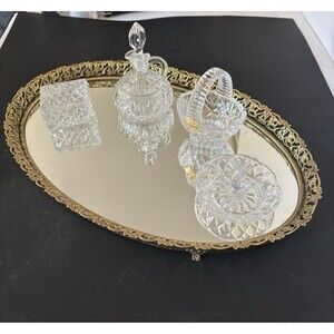Old Hollywood Glamour French Boudoir Vanity Mirror Set 4 crystal accessories